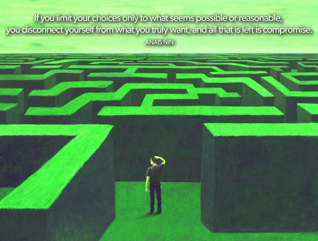 If you limit your choices only to what seems possible or reasonable, you disconnect yourself from what you truly want, and all that is left is&nbsp;compromise.
