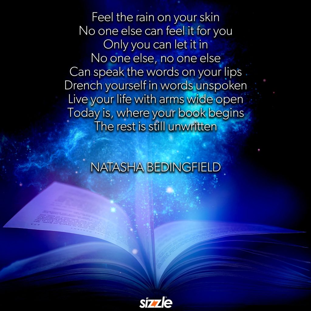 Feel the rain on your skin No one else can feel it for you Only you can let it in No one else, no one else Can speak the words on your lips Drench yourself in words unspoken Live your life with arms wide open Today is, where your book begins The rest is still unwritten .