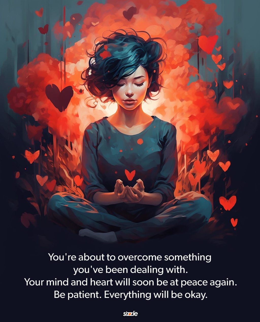You’re about to overcome something you’ve been dealing with. Your mind and heart will soon be at peace again. Be patient. Everything will be okay.