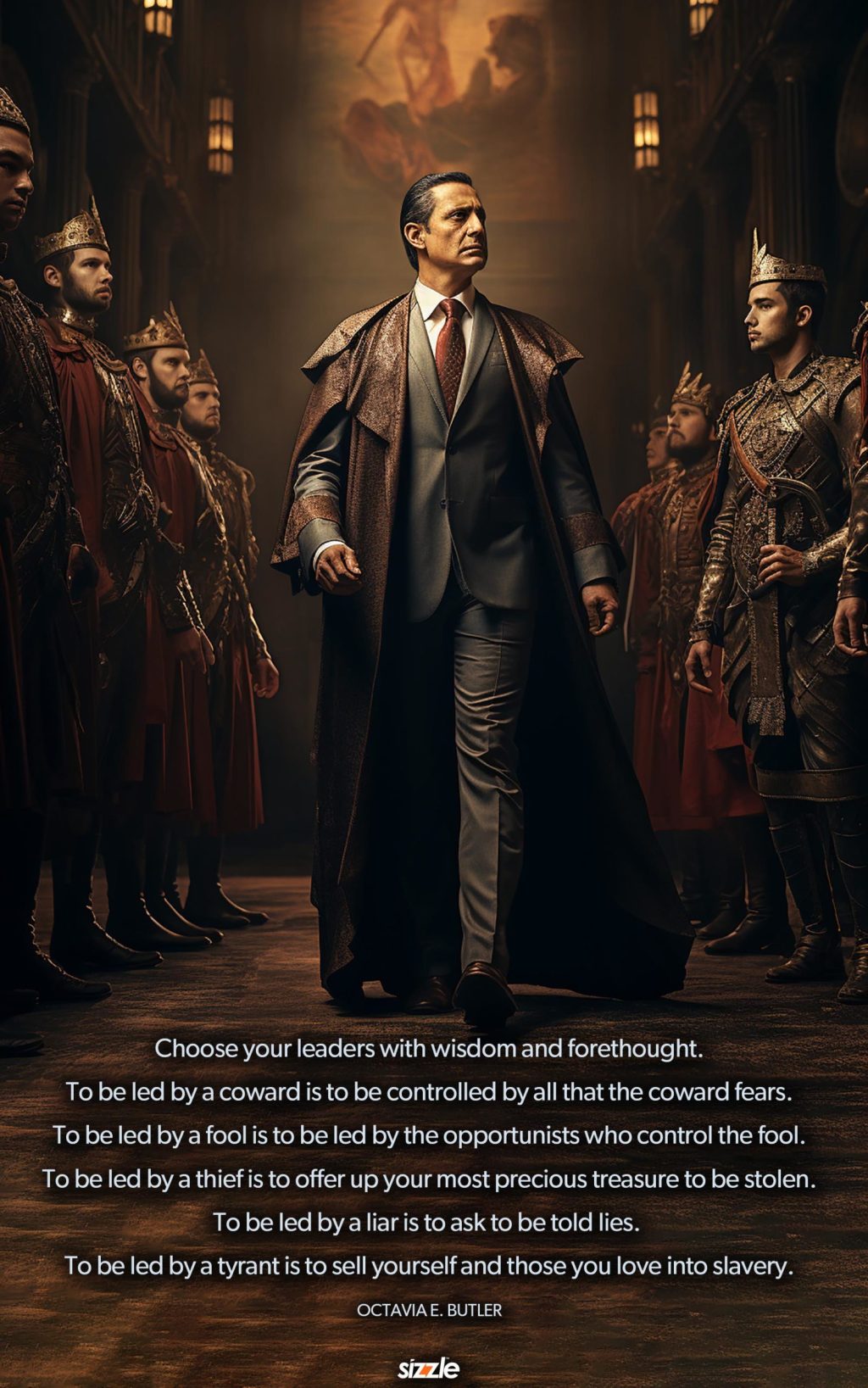 Choose your leaders with wisdom and forethought. To be led by a coward is to be controlled by all that the coward fears. To be led by a fool is to be led by the opportunists who control the fool. To be led by a thief is to offer up your most precious treasure to be stolen. To be led by a liar is to ask to be told lies. To be led by a tyrant is to sell yourself and those you love into&nbsp;slavery.
