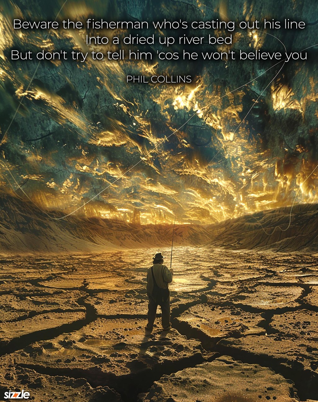 Beware the fisherman who’s casting out his line Into a dried up river bed But don’t try to tell him ‘cos he won’t believe&nbsp;you